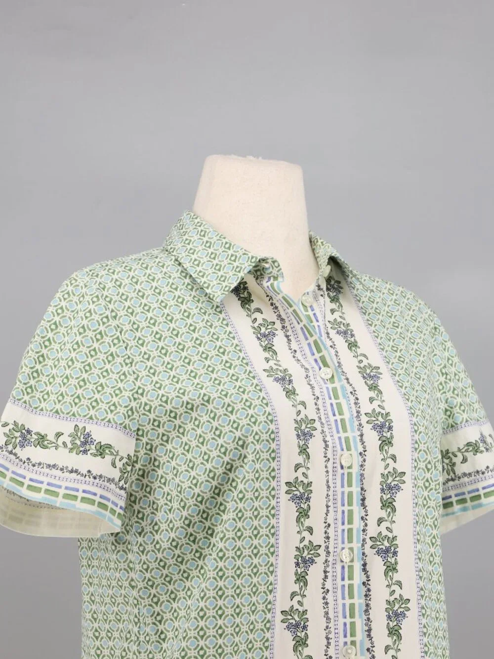 TORY BURCH Talia Botanical Printed Stretch Cotton Short Sleeve Shirt Size 12